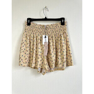 BCBGeneration Women' Shorts Smocked High Waist Stretch Floral Peach sz L $92 new